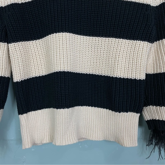J.Crew Collection Feather Trim Crewneck Sweater Knitted Stripped Black Off White - Picture 3 of 9